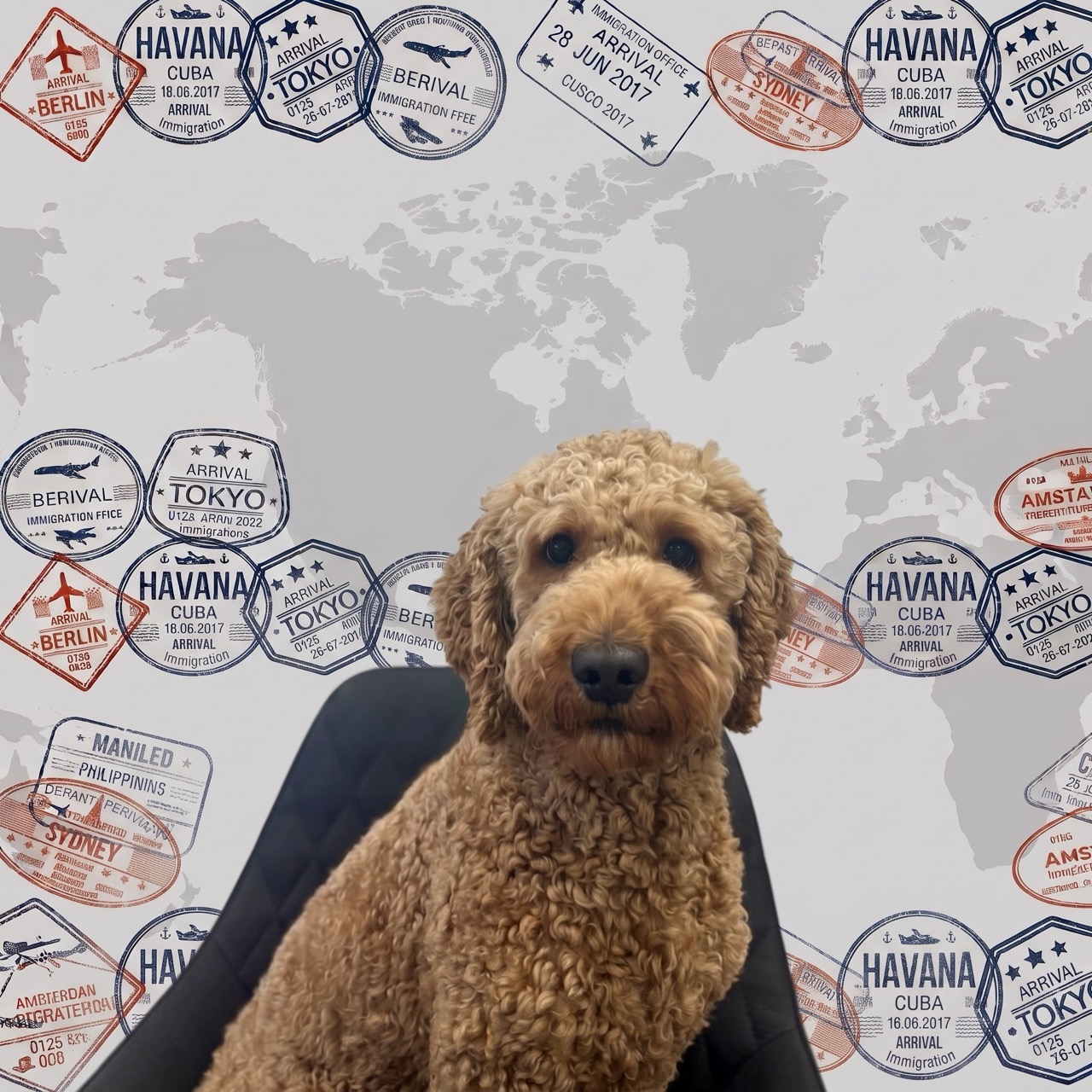 Hund Ozzi sitzt vor der Weltkarten-Fotowand von Animal Logistics