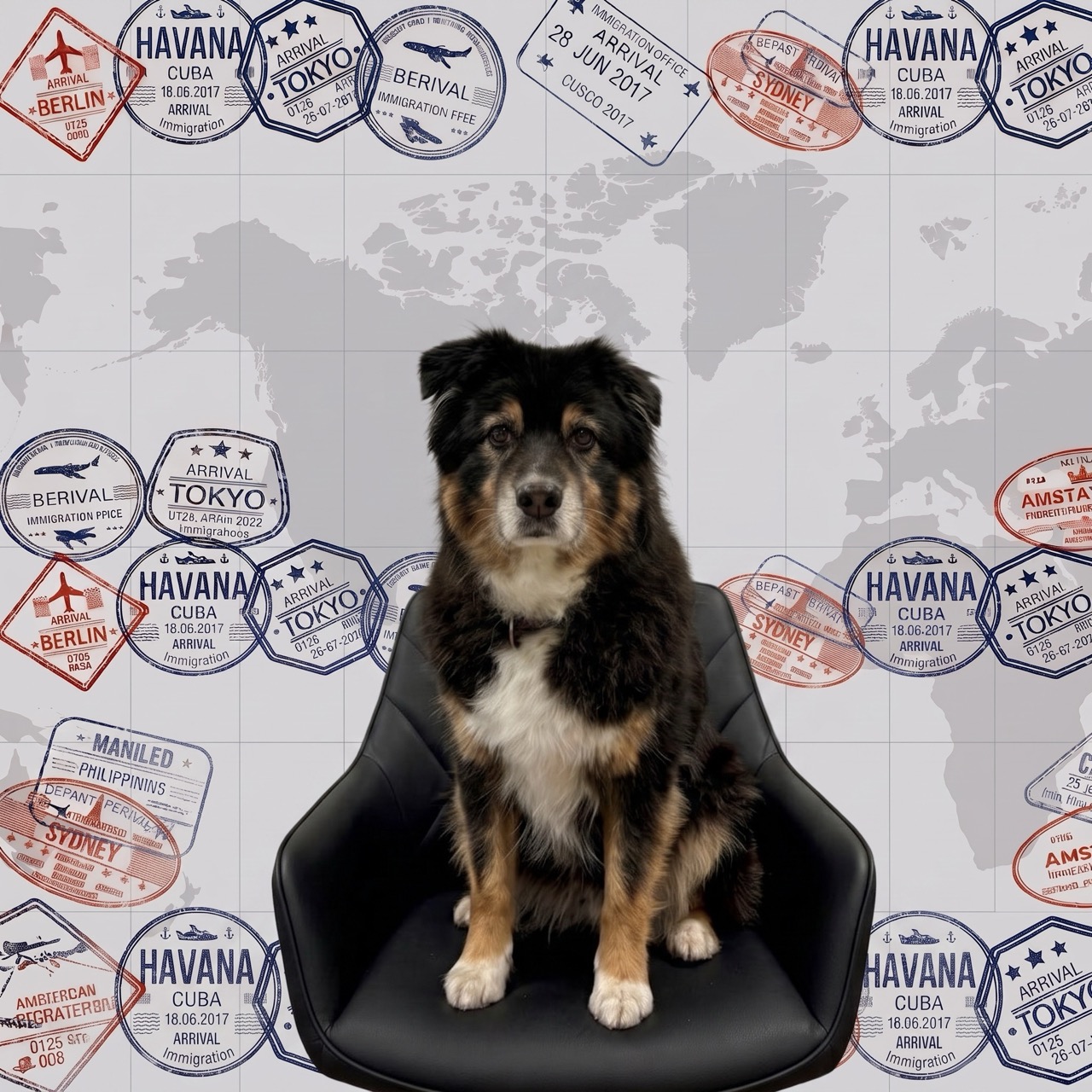 Hund Carlo sitzt auf einem Bürostuhl vor der Weltkarten-Fotowand von Animal Logistics